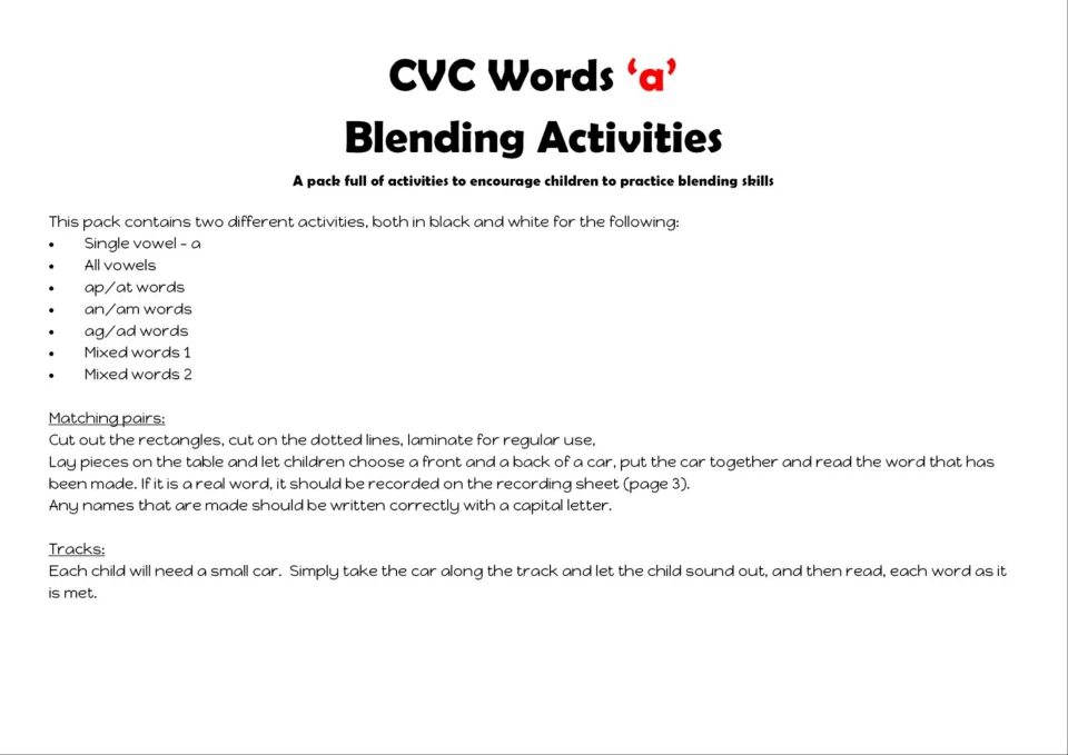 Teacher notes listing word sets (single vowel a, all vowels, ap/at, an/am, ag/ad, mixed) and steps for both games