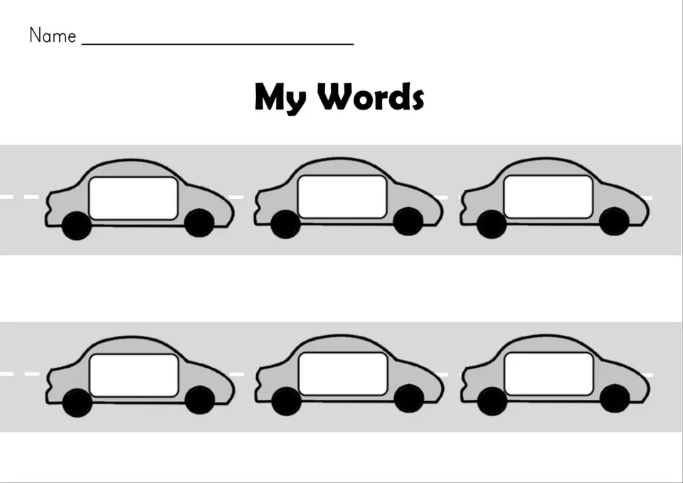 My Words recording sheet: students write each real word they build from car halves in six car outlines