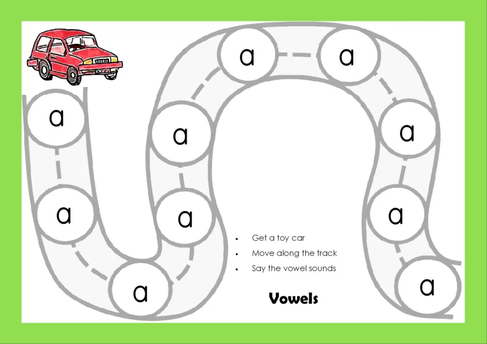 Vowels track in color: students drive a toy car along a winding road and say the short a sound at each of 10 stops