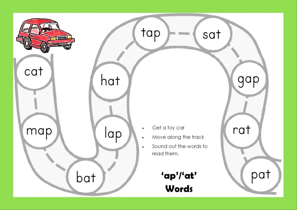 ap/at words track in color: students sound out and read cat, map, bat, lap, hat, tap, sat, gap, rat and pat