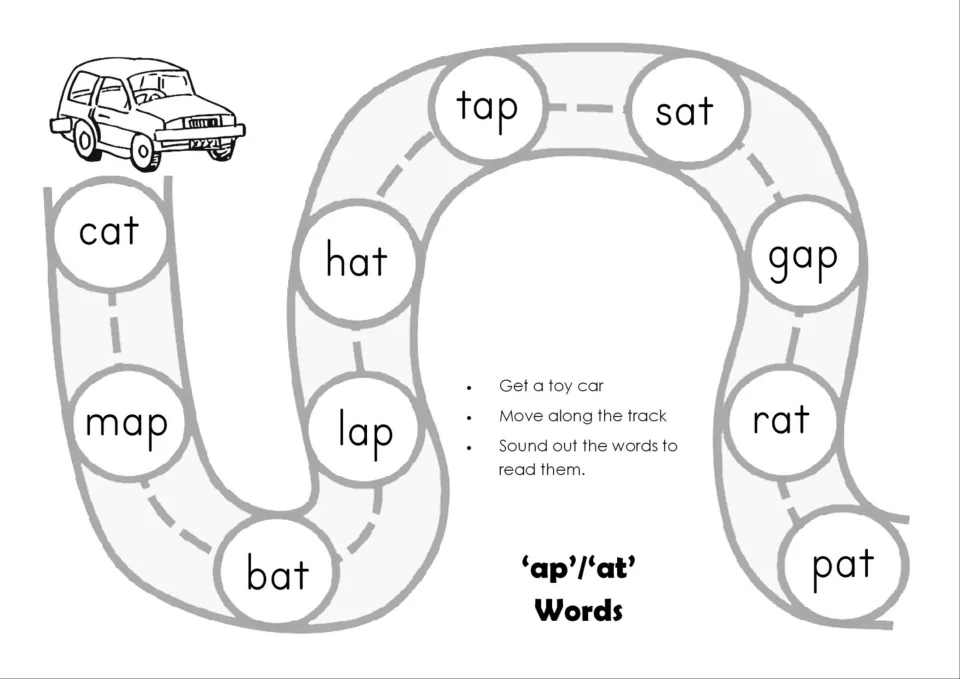Black-and-white ap/at road game: a toy car stops at ten word circles from cat to pat for children to blend and read