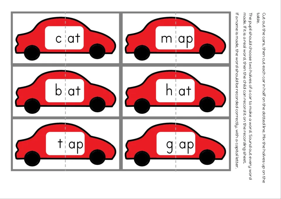Matching car halves: students cut six cars in half, then join onsets and rimes to make cat, map, bat, hat, tap and gap
