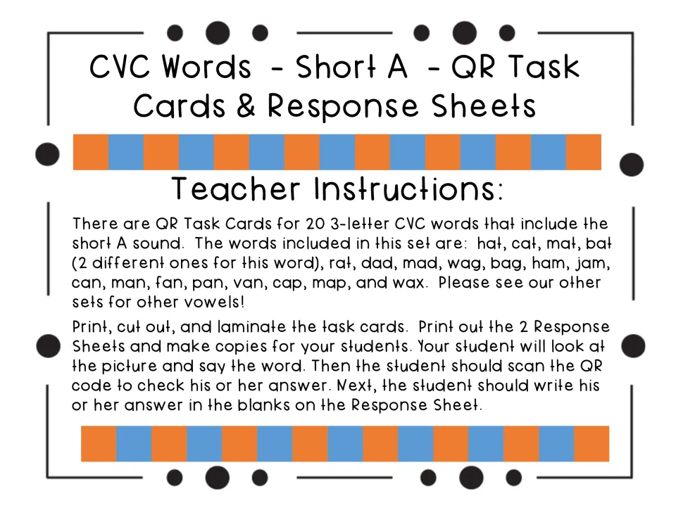 Teacher instructions listing the 20 short a CVC words (hat, cat, mat, jam, van, wax...) and how to prep and use the cards