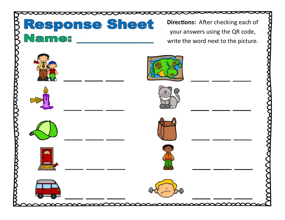 Response sheet 1: students write the short a word in three blanks beside 10 pictures, from dad and wax to van and mad