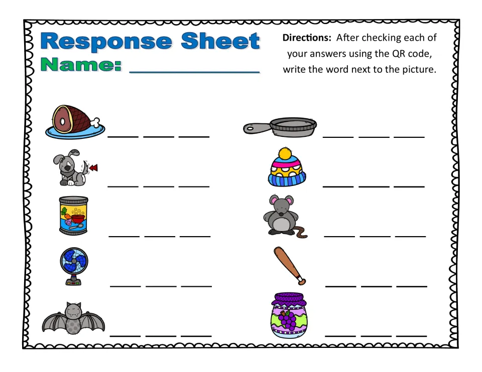 Response sheet 2: students write 10 more short a words (ham, wag, can, fan, bat, pan, hat, rat, bat, jam) beside pictures