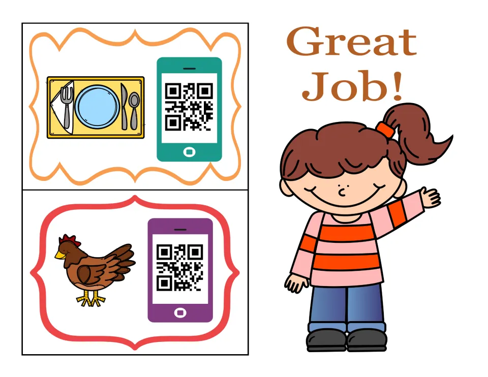 Final two short e task cards, a table set with plate and cutlery and a hen, beside a waving girl and the words Great Job!