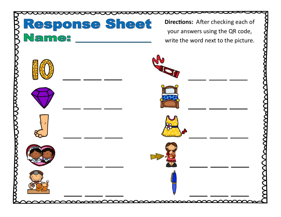 Response sheet 1: students write the three-letter short e word next to 10 pictures such as ten, gem, leg, bed and pen