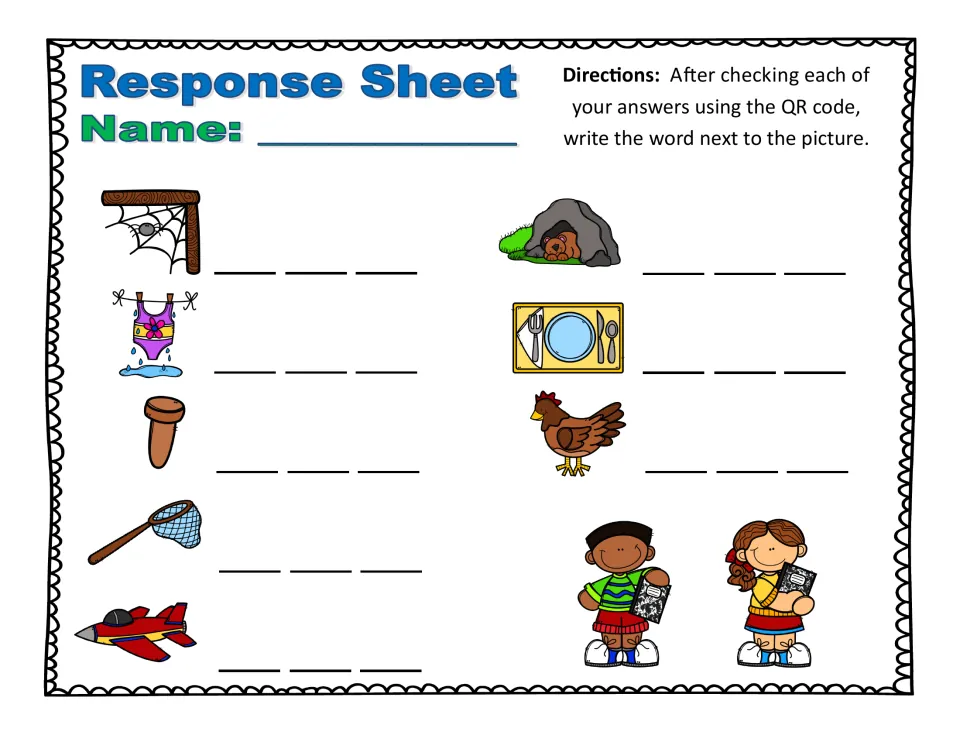 Response sheet 2: students spell web, wet, peg, net, jet, den, set and hen in three letter blanks beside each picture