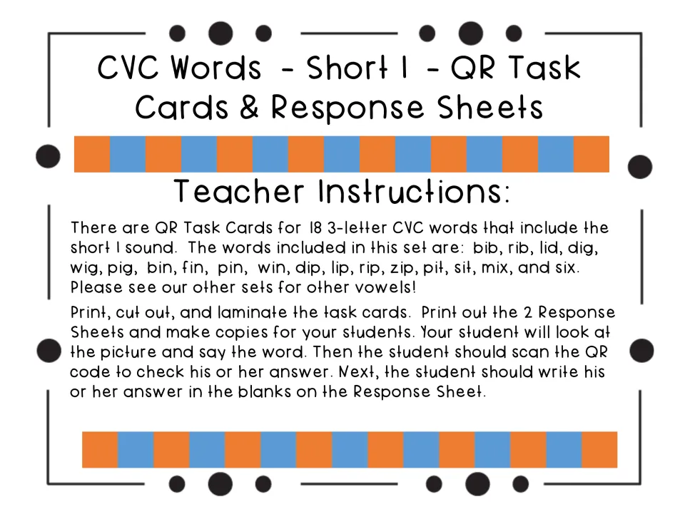 Teacher instructions: 18 short i CVC words, bib to six, and steps to print, cut and laminate cards and copy sheets