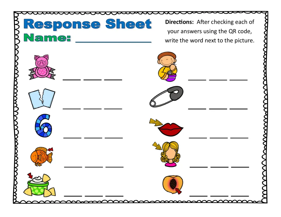 Short i response sheet 1: students write the 3-letter word on blanks beside 10 pictures, from pig and rip to wig and pit