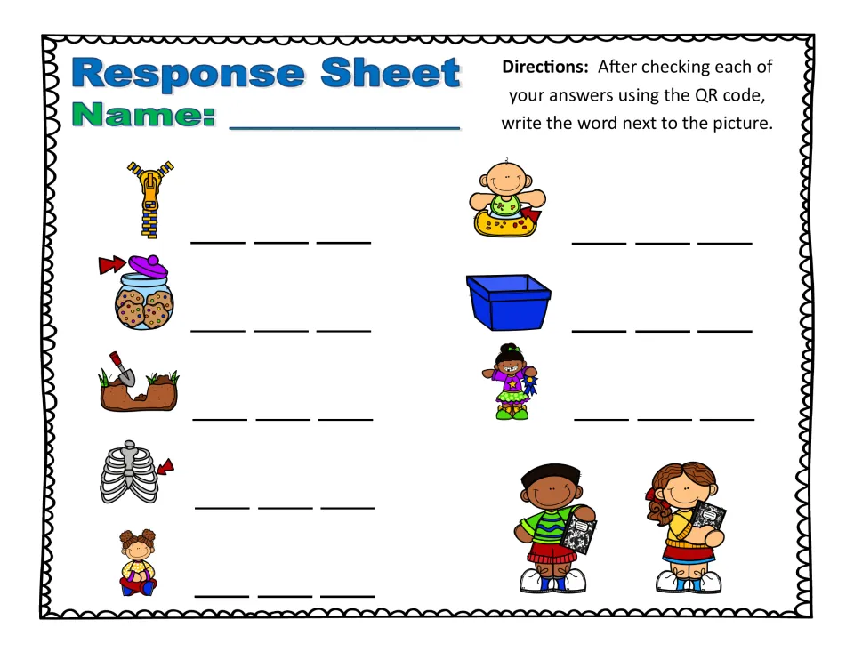 Short i response sheet 2: students spell zip, lid, dig, rib, sit, bib, bin and win on letter blanks by each picture