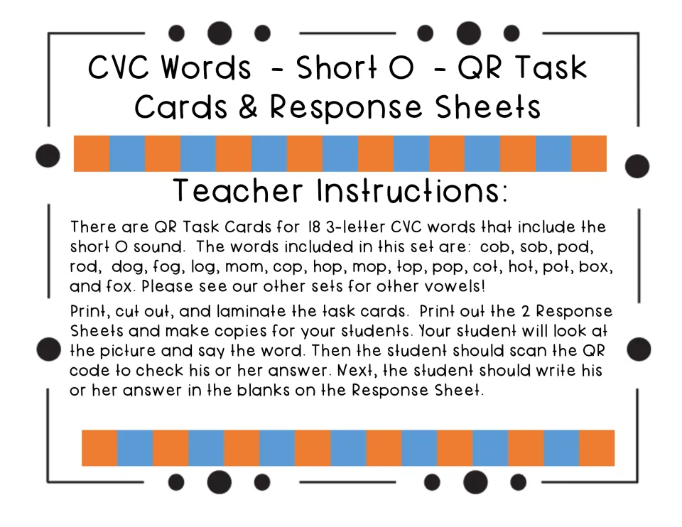 Teacher instructions listing 18 short o CVC words, such as cob, dog, mom, hop and fox, plus print, cut and laminate steps