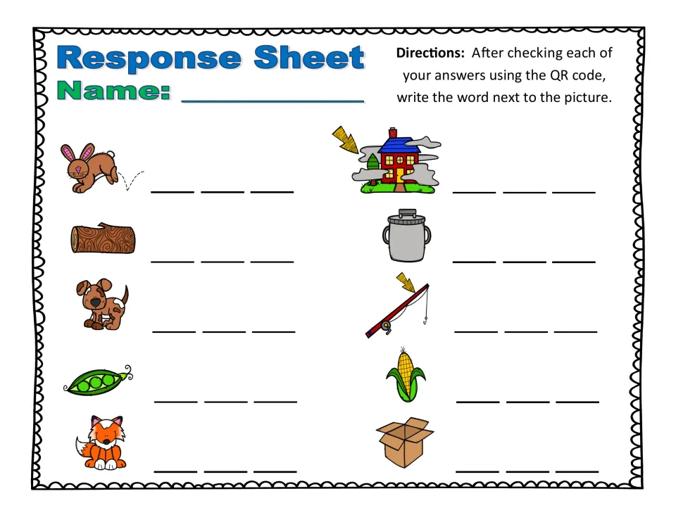 Response Sheet: students write each short o word in letter blanks beside 10 pictures, such as bunny, log, fox and box