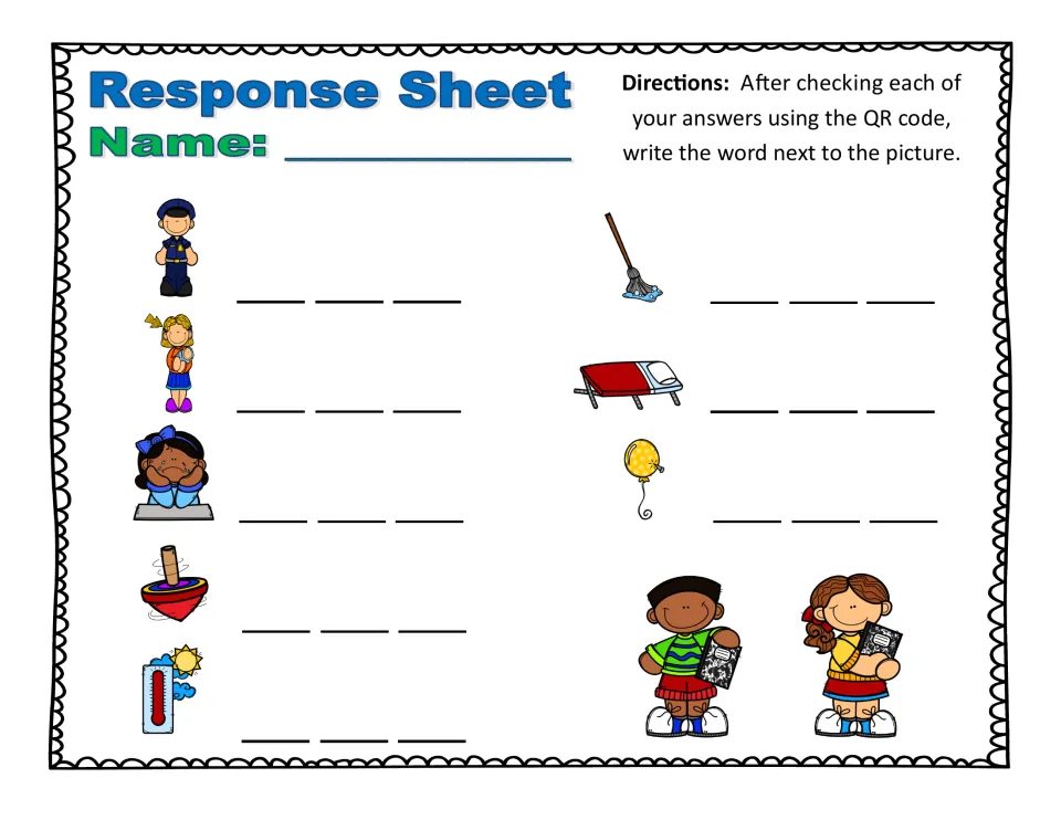 Response Sheet: students spell the short o word in blanks next to 8 pictures including officer, mop, cot and balloon