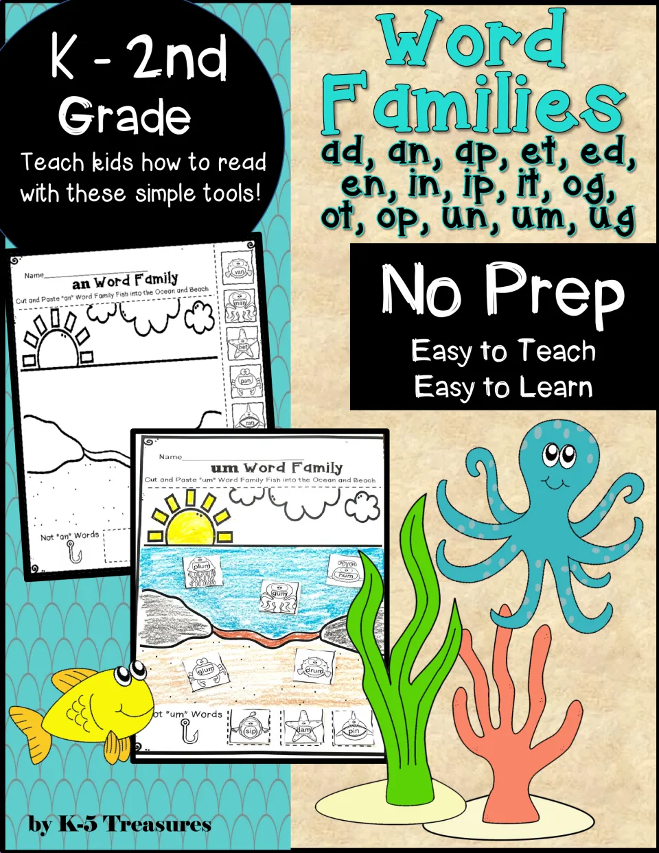 Word Families cover for K-2nd by K-5 Treasures listing ad to ug families, with sample cut-and-paste ocean worksheets