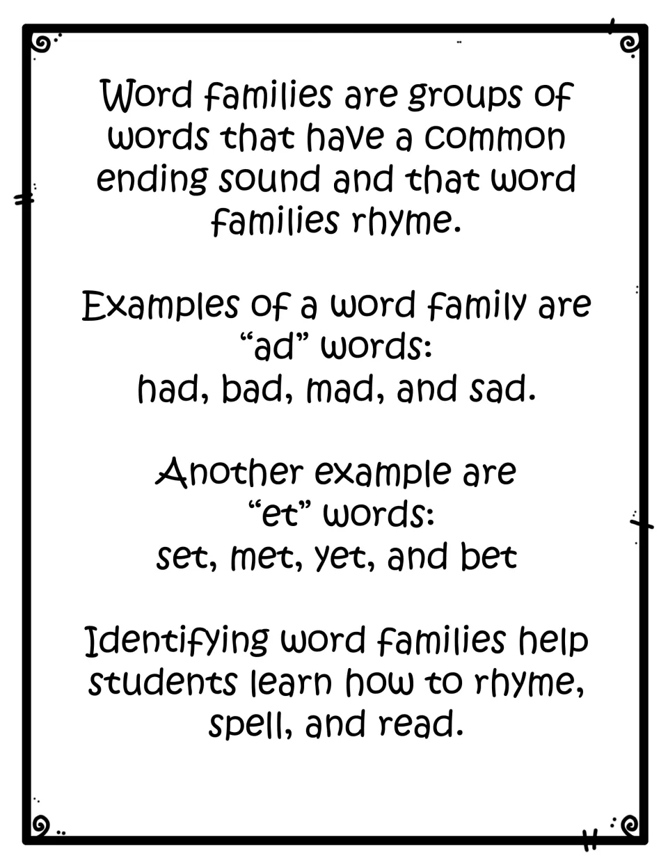 Word families defined as rhyming words with a shared ending, with examples had, bad, mad, sad and set, met, yet, bet