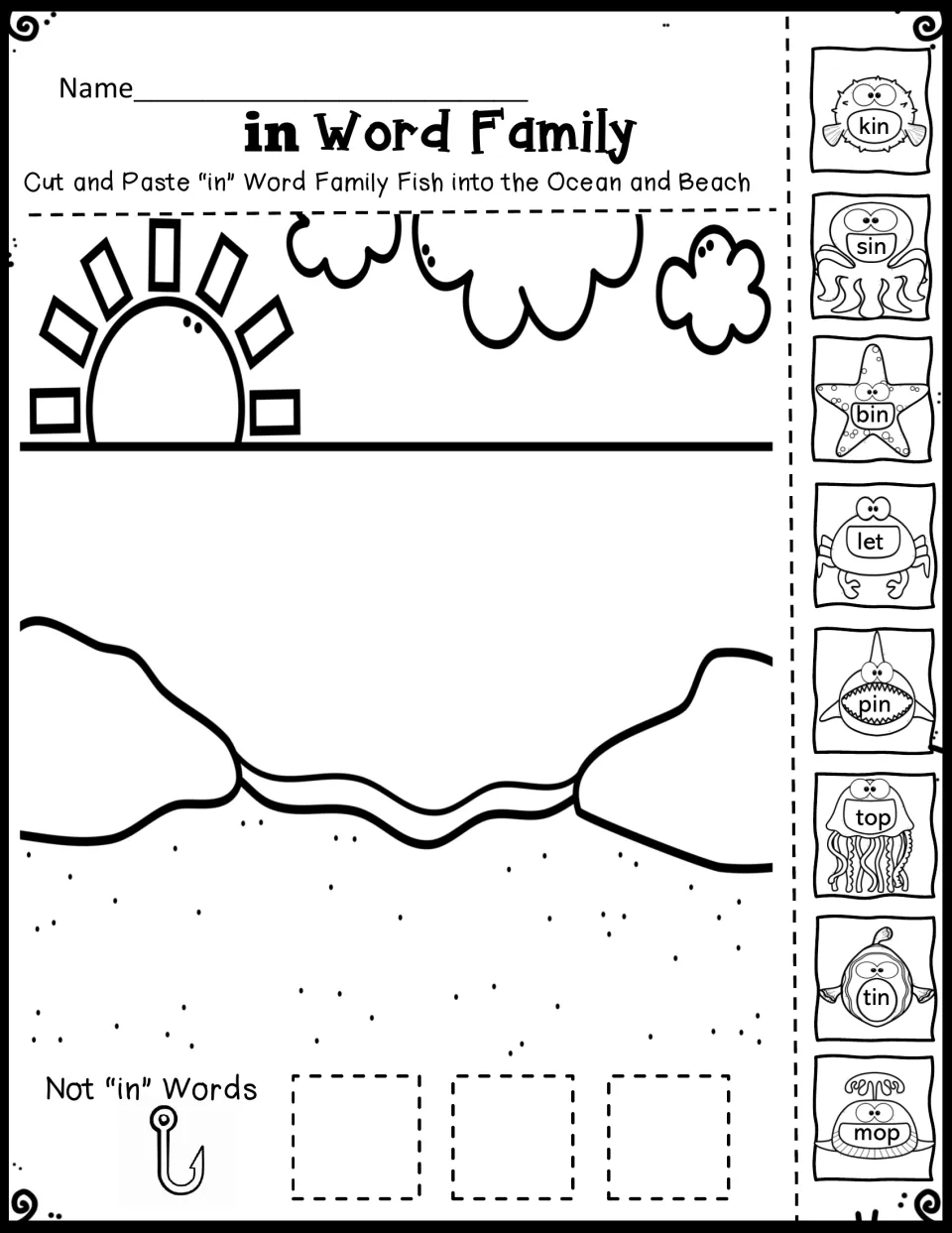 in word family sort: students paste kin, sin, bin, pin, tin into the ocean, then sort let, top, mop as Not in Words