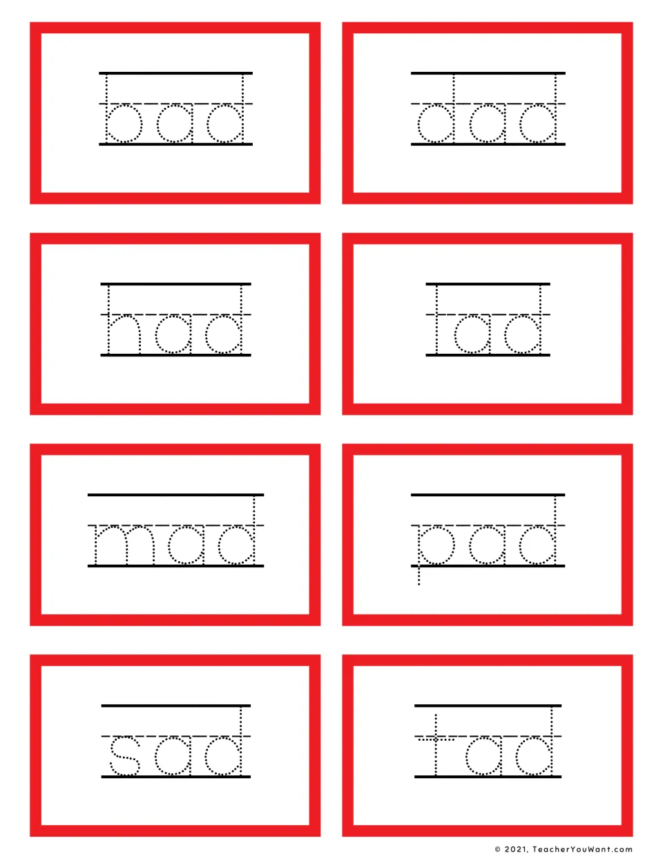 Short a -ad word family flashcards: students trace dotted bad, dad, had, lad, mad, pad, sad and tad on handwriting lines