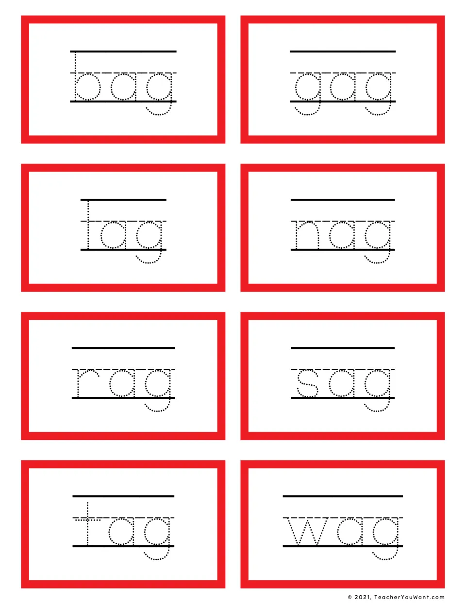 Short a -ag words to trace: bag, gag, lag, nag, rag, sag, tag and wag in dotted letters for CVC spelling and handwriting