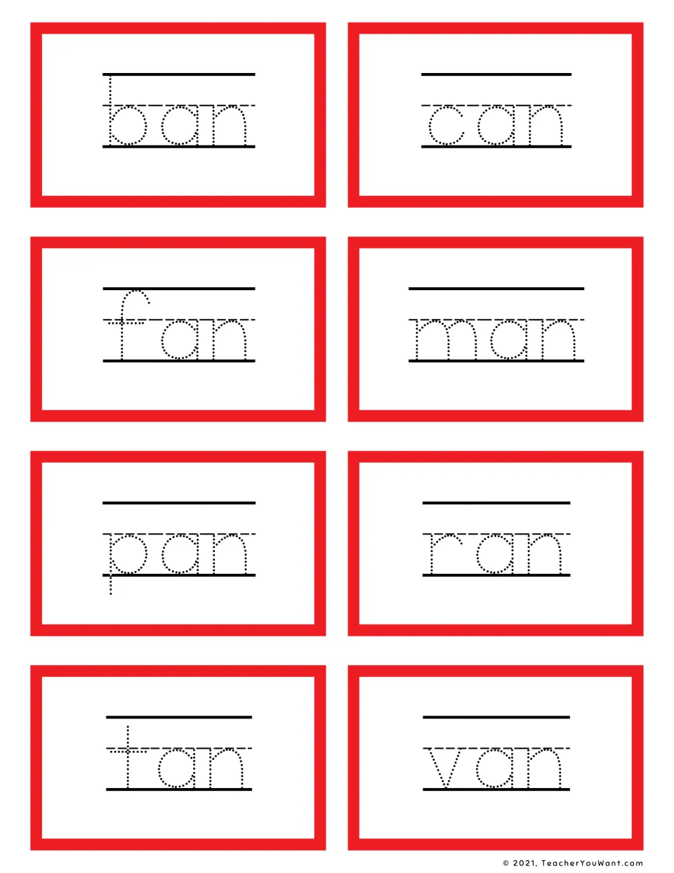Short a -an flashcards: students trace ban, can, fan, man, pan, ran, tan and van, practicing CVC word writing