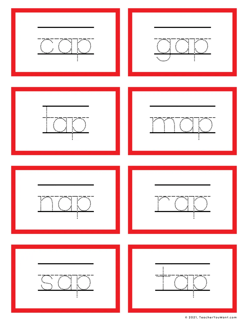 Short a -ap word family cards to trace: cap, gap, lap, map, nap, rap, sap and tap, blending and writing CVC words
