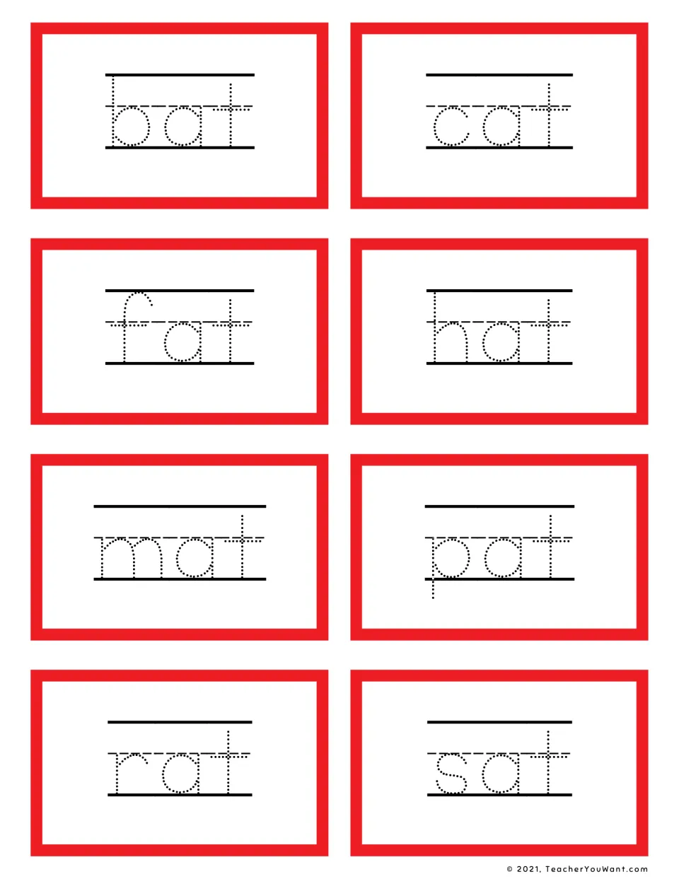 Short a -at word family: students trace dotted bat, cat, fat, hat, mat, pat, rat and sat to read and write CVC words