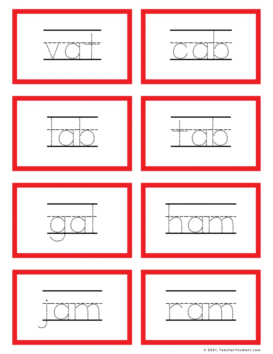 Mixed short a CVC flashcards: students trace vat, cab, lab, tab, gal, ham, jam and ram across -at, -ab, -al and -am