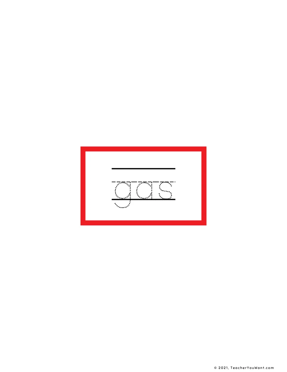Single short a tracing flashcard for the CVC word gas, with dotted letters on handwriting lines to trace
