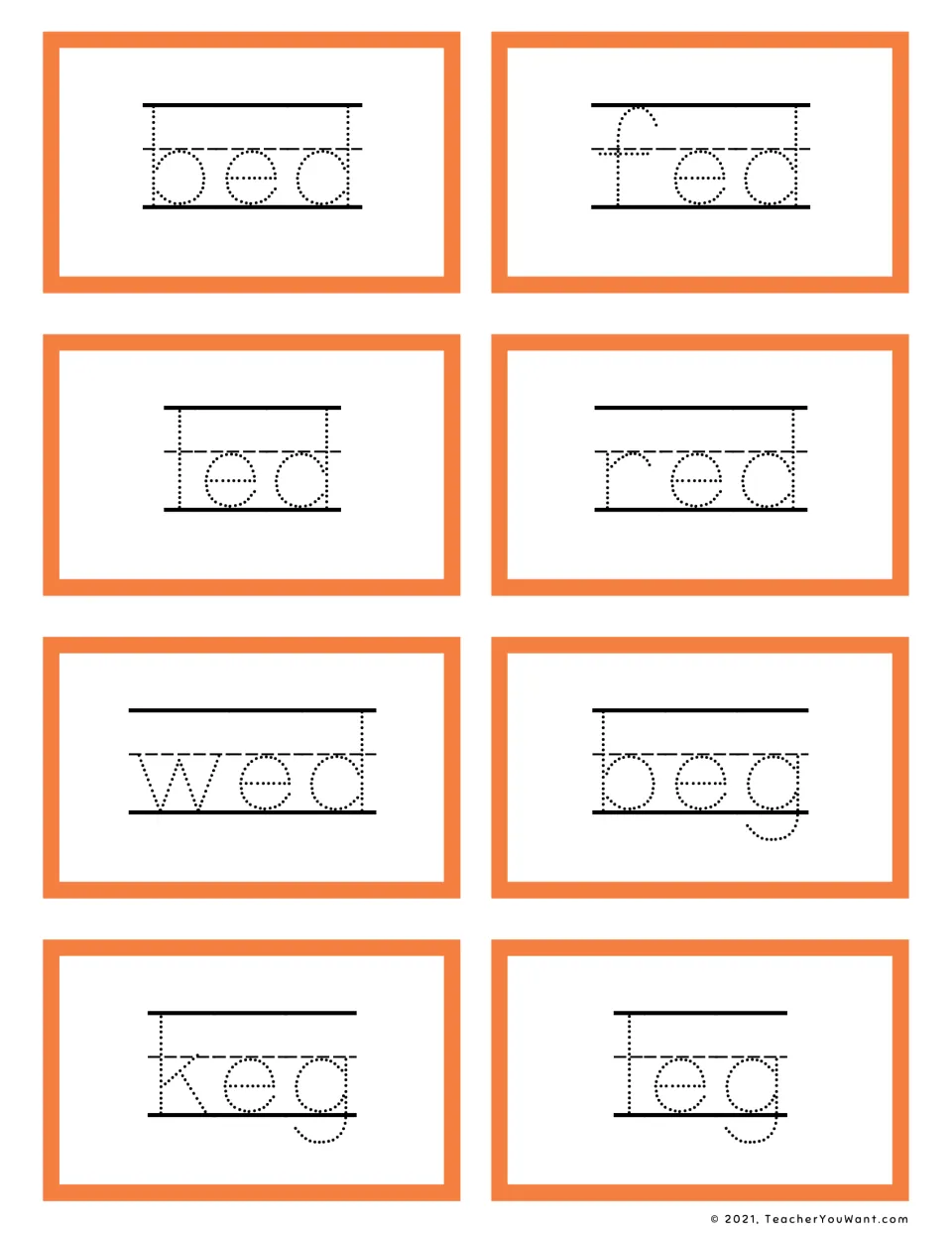 Short e flashcards: students trace -ed and -eg words bed, fed, led, red, wed, beg, keg and leg in dotted letters