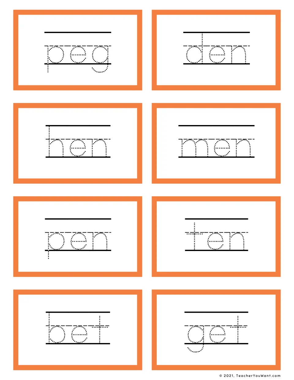 Short e -eg, -en and -et words to trace: peg, den, hen, men, pen, ten, bet and get for reading and writing CVC words