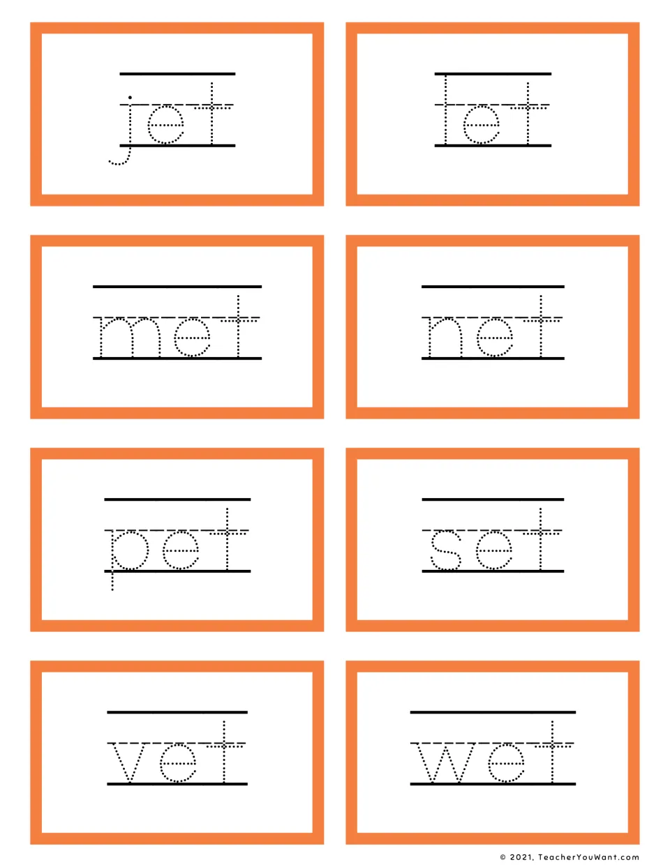 Short e -et word family flashcards: students trace jet, let, met, net, pet, set, vet and wet, spelling CVC words