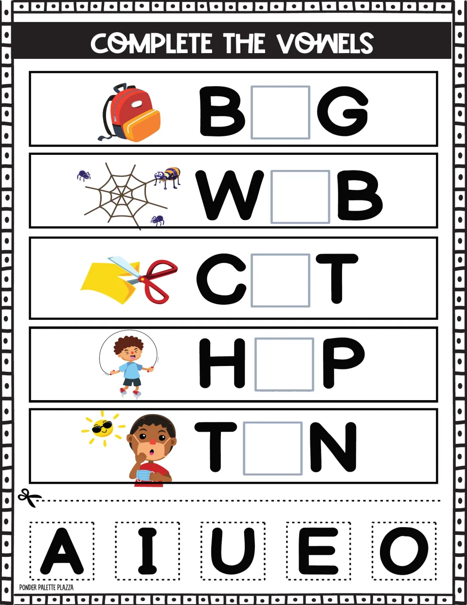Complete the vowels: students cut out A, I, U, E, O tiles and glue the missing vowel into B_G, W_B, C_T, H_P and T_N