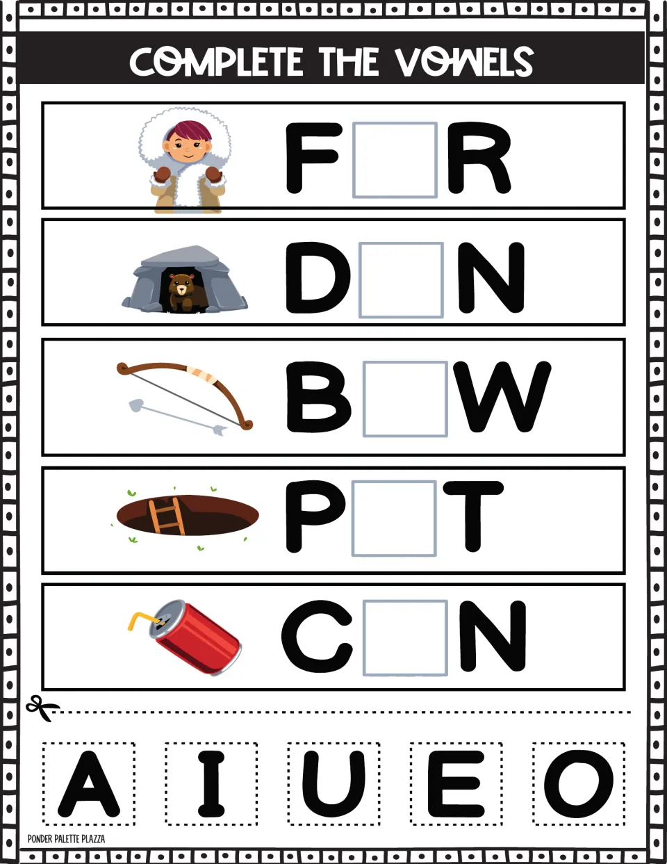 Missing vowels in CVC words: students glue a tile into F_R, D_N, B_W, P_T and C_N beside fur, den, bow, pit and can art