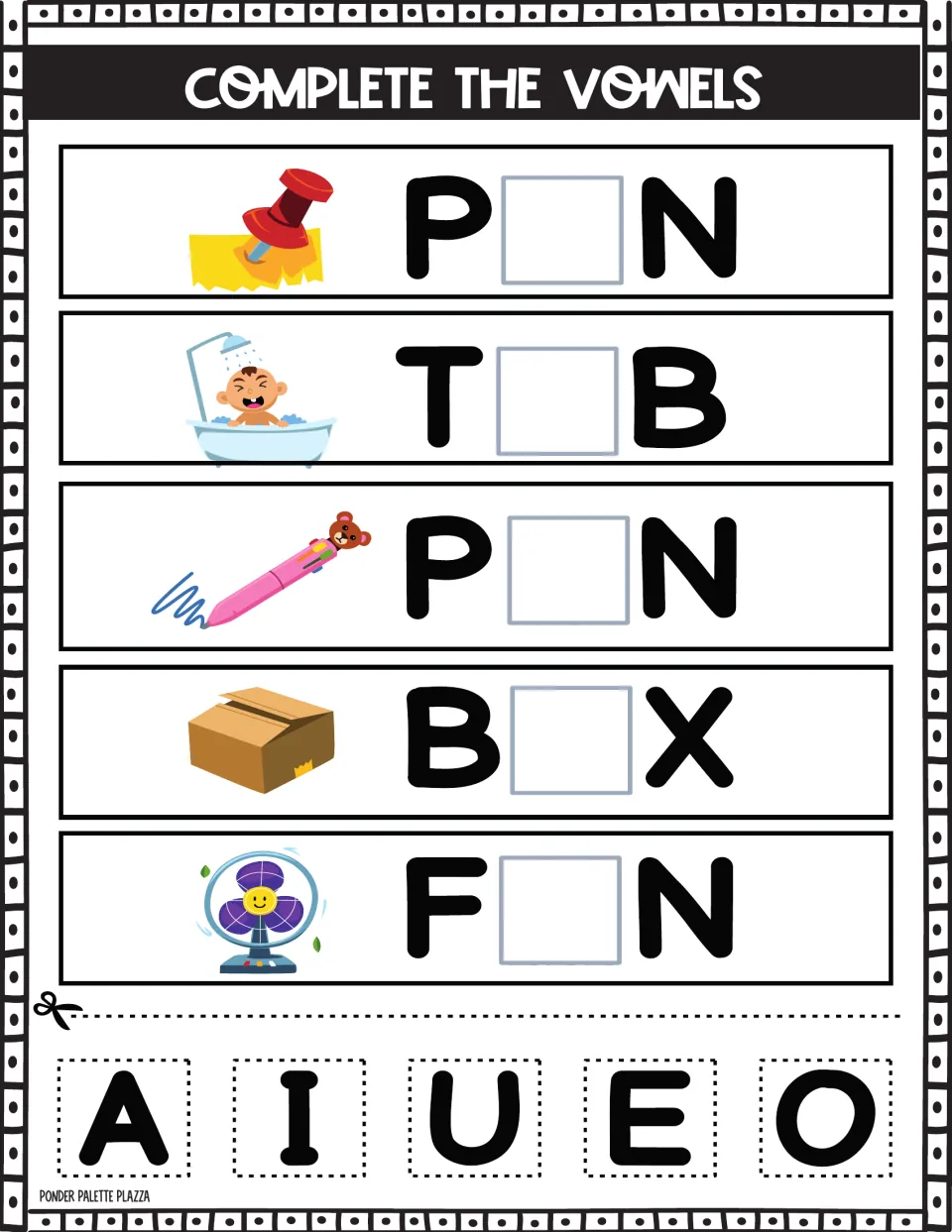 CVC vowel fill-in: a pushpin, tub, pen, box and fan cue students to glue vowels into P_N, T_B, P_N, B_X and F_N