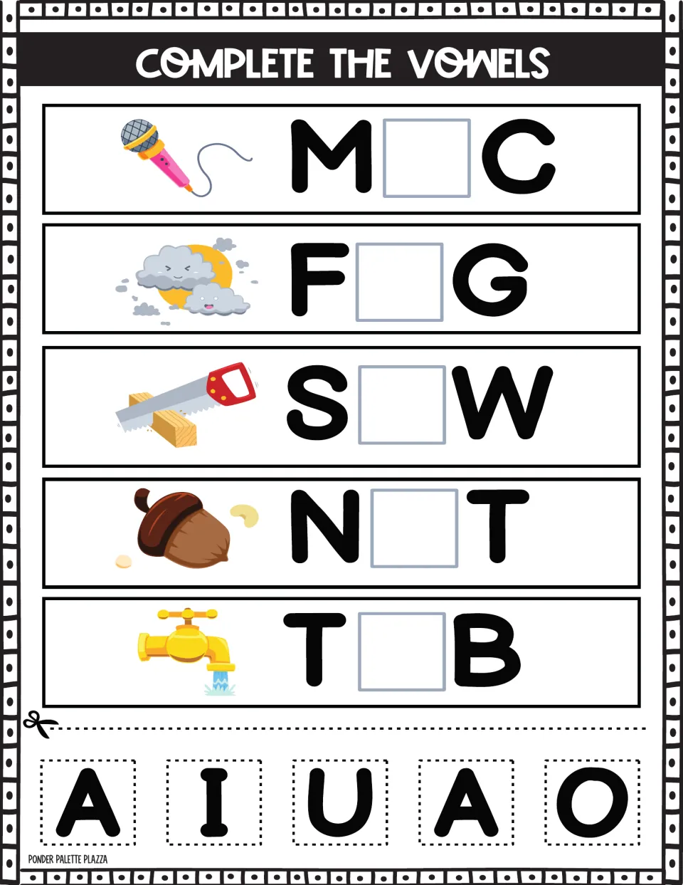 Middle vowel cut and glue: M_C, F_G, S_W, N_T and T_B beside microphone, fog, saw, nut and faucet; tiles are A, I, U, A, O