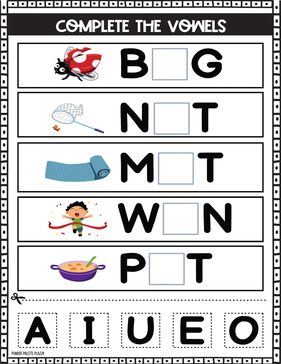 Short vowel sounds: students glue vowels into B_G, N_T, M_T, W_N and P_T by a ladybug, net, mat, race winner and pot