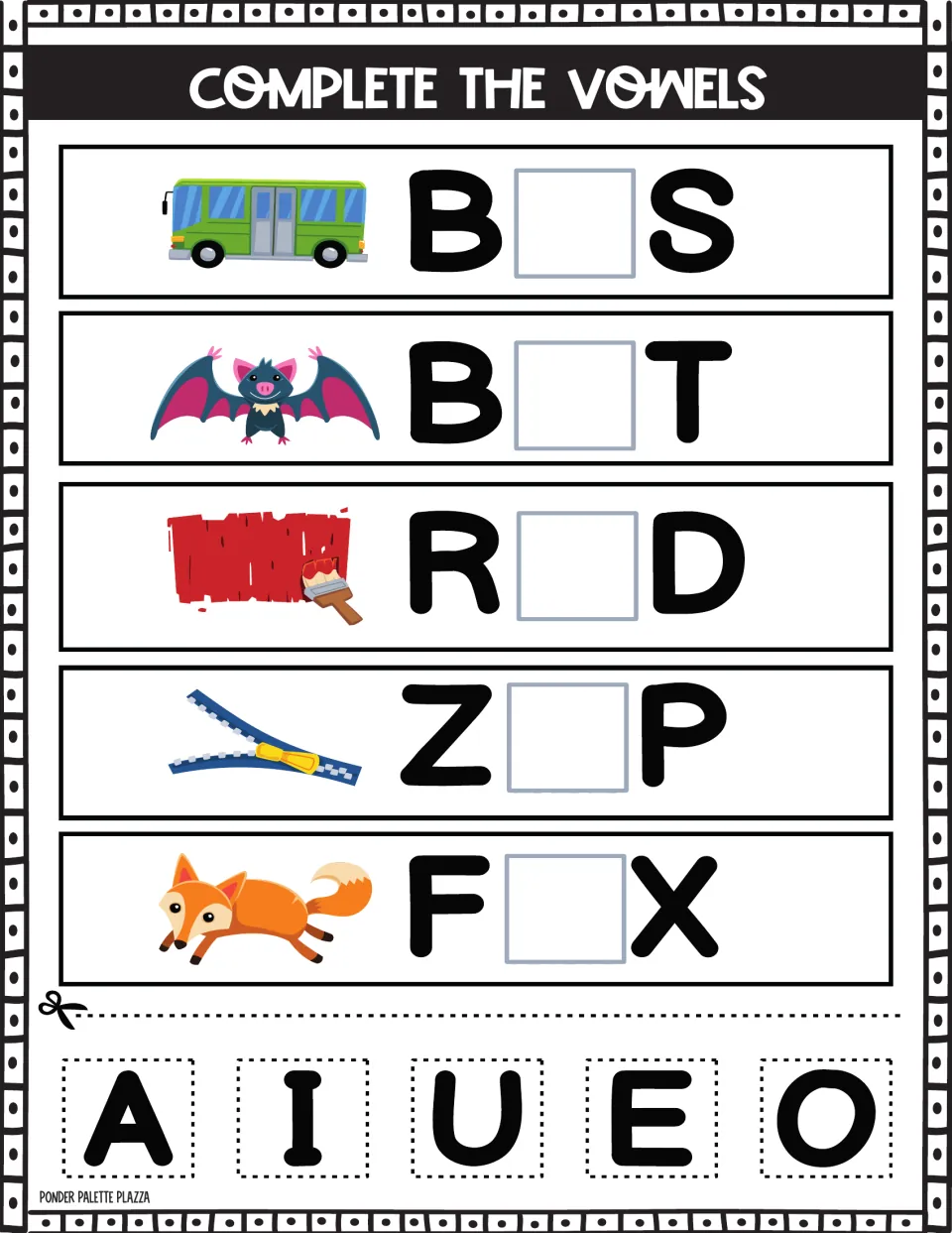Vowel completion for CVC words: bus, bat, red paint, zipper and fox guide students to finish B_S, B_T, R_D, Z_P and F_X