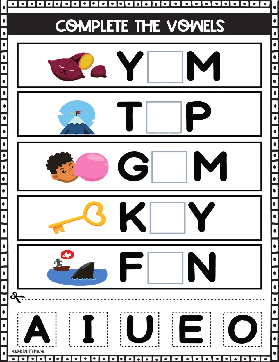 Fill in the vowel: students cut and glue tiles to complete Y_M, T_P, G_M, K_Y and F_N beside yam, peak, gum, key and fin