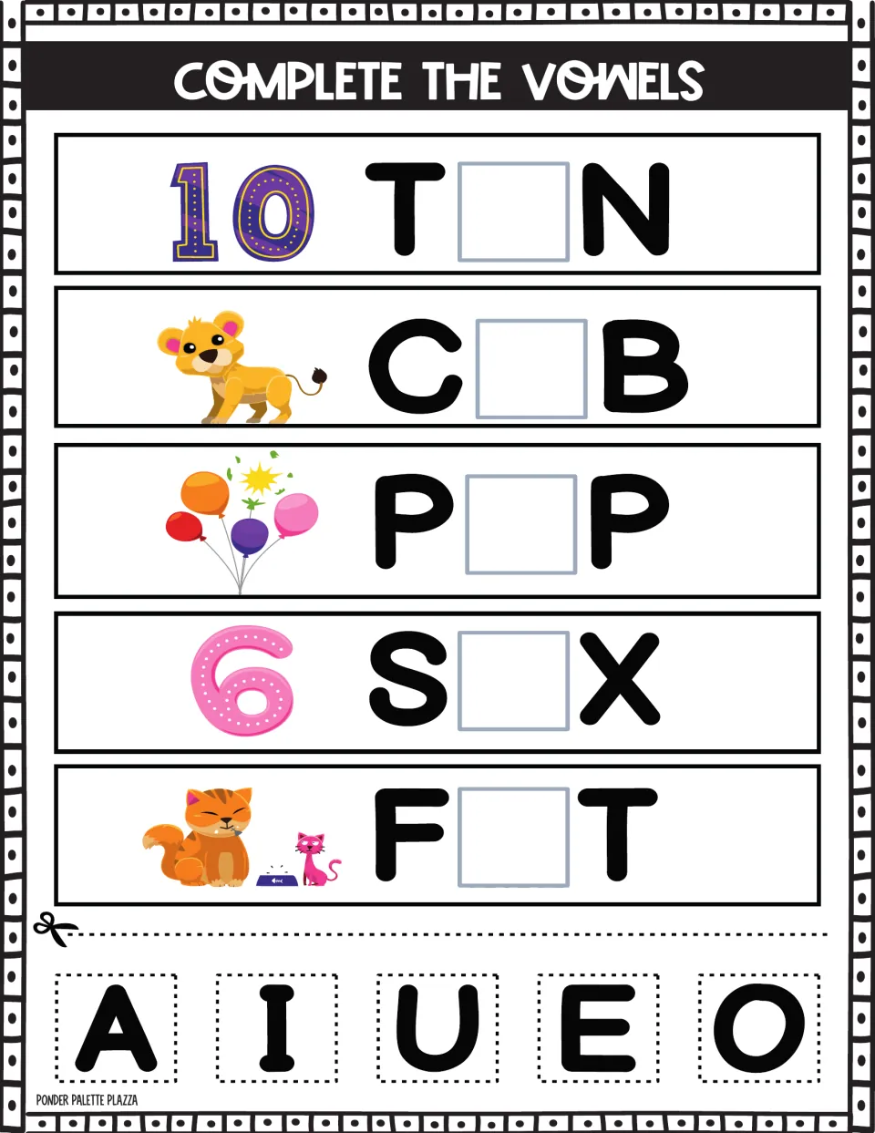 Short vowel spelling: 10, lion cub, balloons, 6 and fat cat pictures pair with T_N, C_B, P_P, S_X and F_T