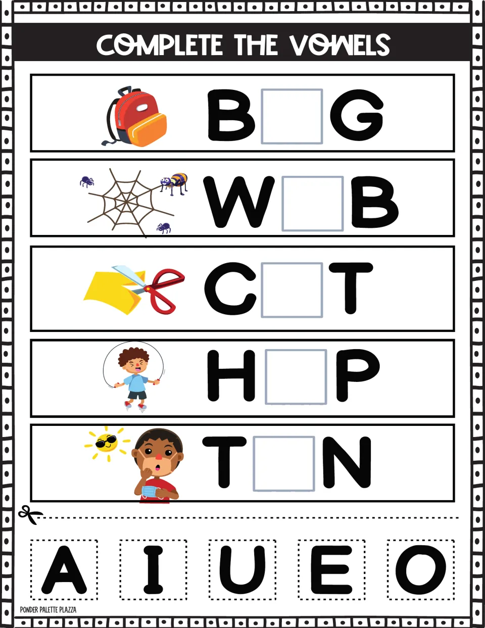 Vowel cut-and-glue repeat of the bag, web, cut, hop and tan set: students paste the missing middle vowel into each word