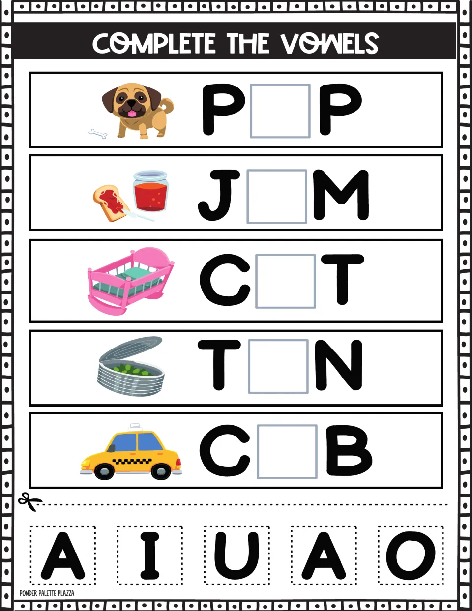 Complete the vowels: students cut out vowel tiles and glue the missing letter into P_P, J_M, C_T, T_N and C_B