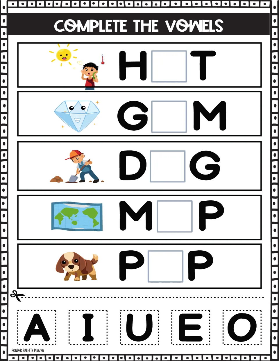 Medial vowel practice: students glue a cut-out vowel to finish H_T, G_M, D_G, M_P and P_P beside sun, gem, digging and map