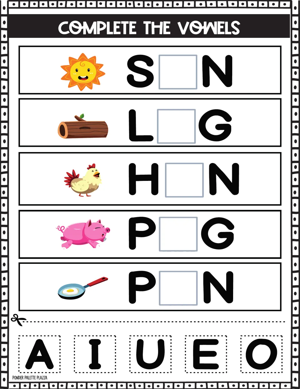 Short vowel sounds: students cut A, I, U, E, O tiles and glue one into S_N, L_G, H_N, P_G and P_N to name each picture