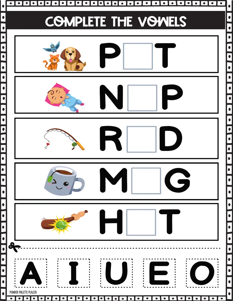 Missing vowel words: students glue vowel tiles into P_T, N_P, R_D, M_G and H_T matching pets, a napping baby, rod and mug