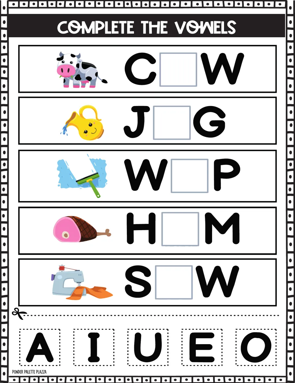 Vowel fill-in: students glue cut-out vowels into C_W, J_G, W_P, H_M and S_W shown with a cow, jug, wiper, ham and sewing