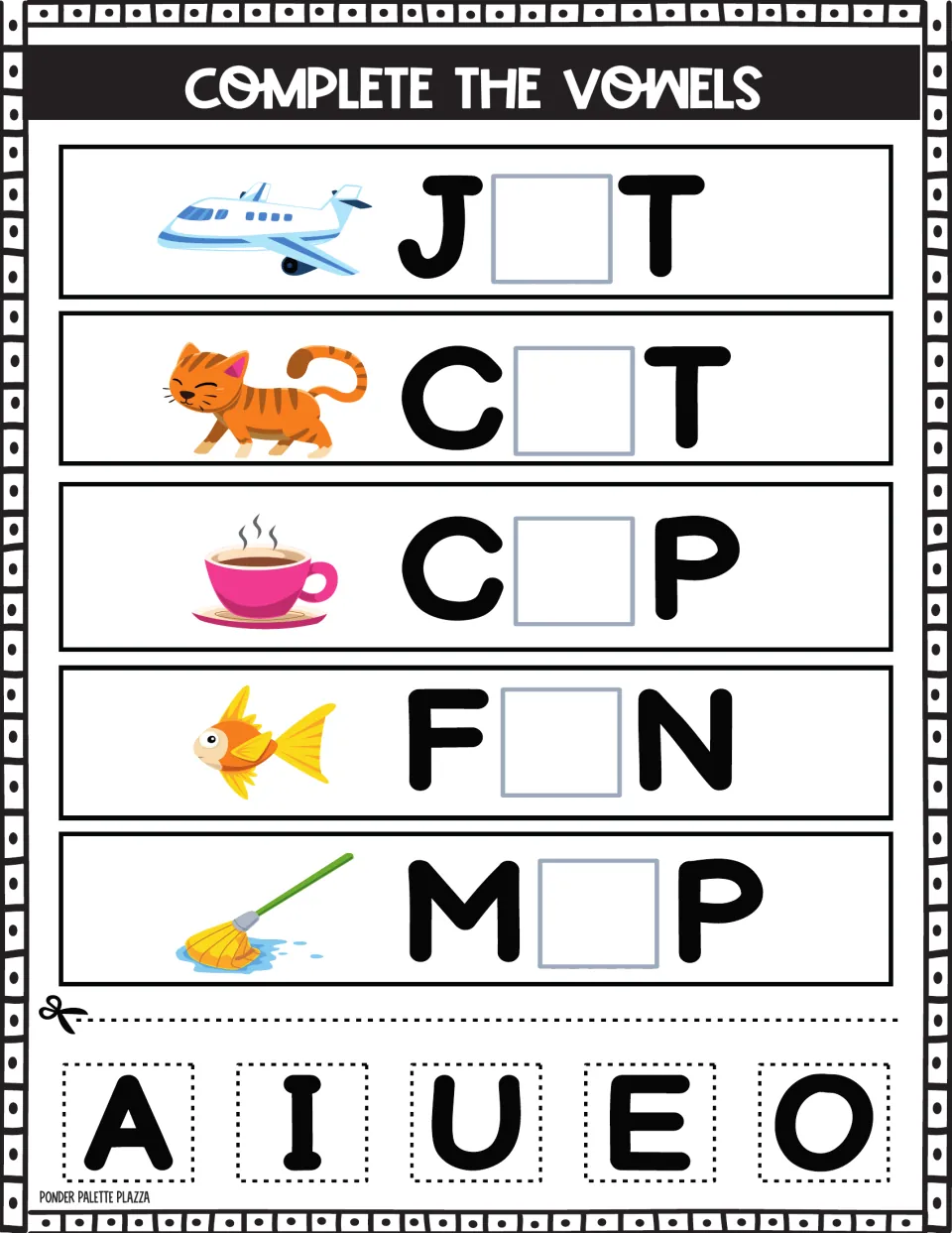Middle sounds: students cut and glue vowels to spell J_T, C_T, C_P, F_N and M_P beside a jet, cat, cup, fish and mop