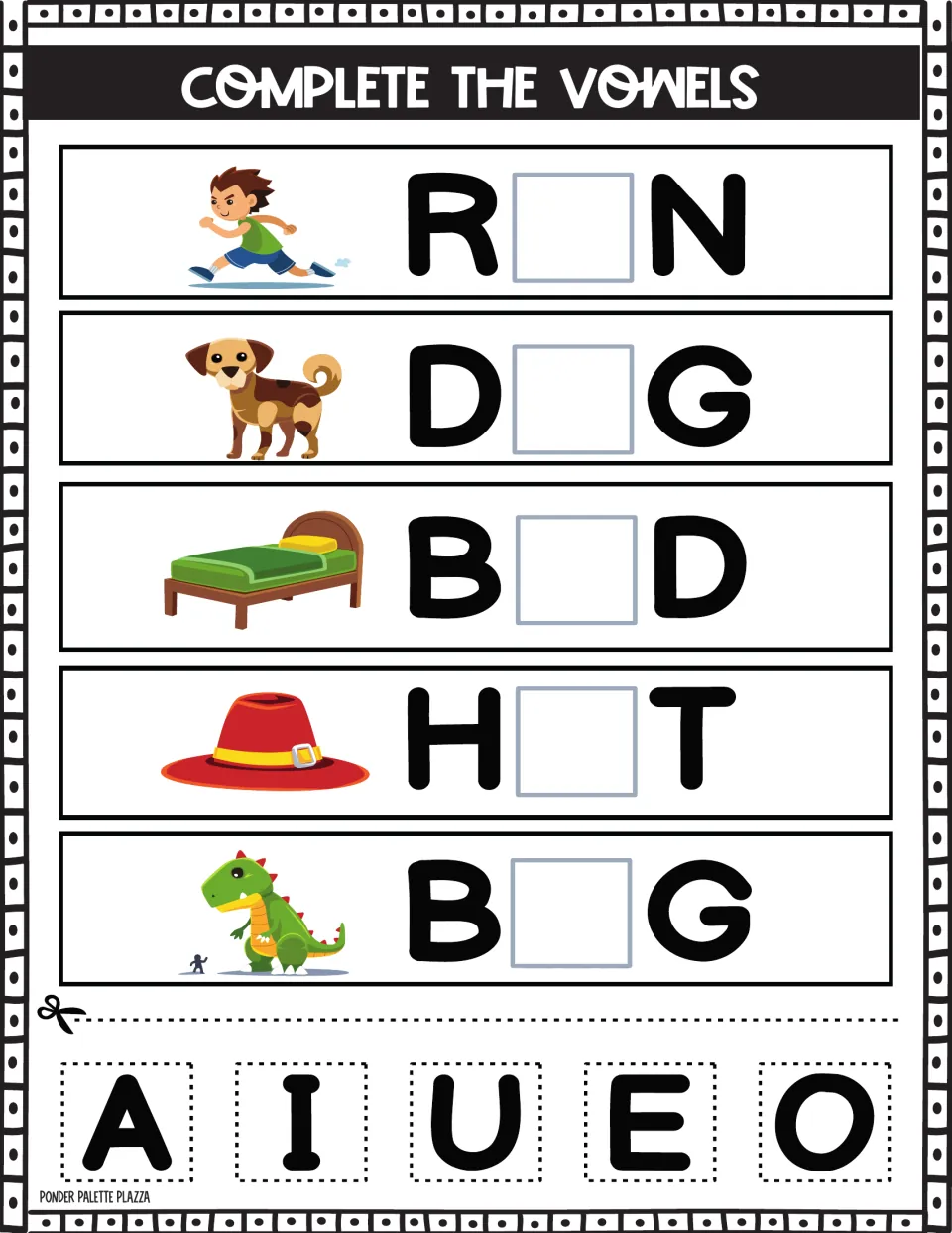 Short vowel cut and glue: students complete R_N, D_G, B_D, H_T and B_G beside a runner, dog, bed, hat and dinosaur
