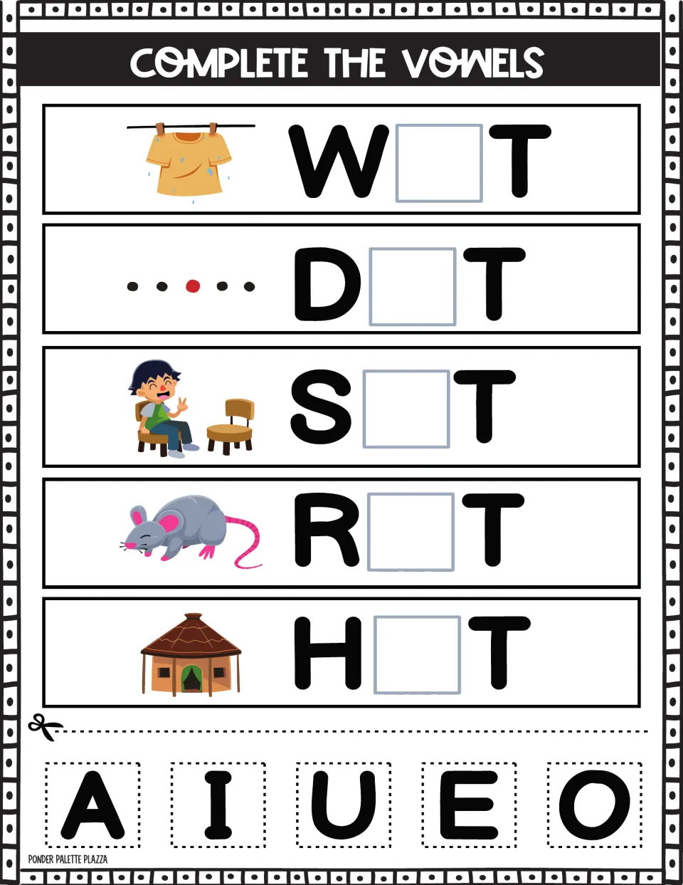Words ending in t: students glue a vowel into W_T, D_T, S_T, R_T and H_T beside a wet shirt, dots, sitting boy, rat and hut