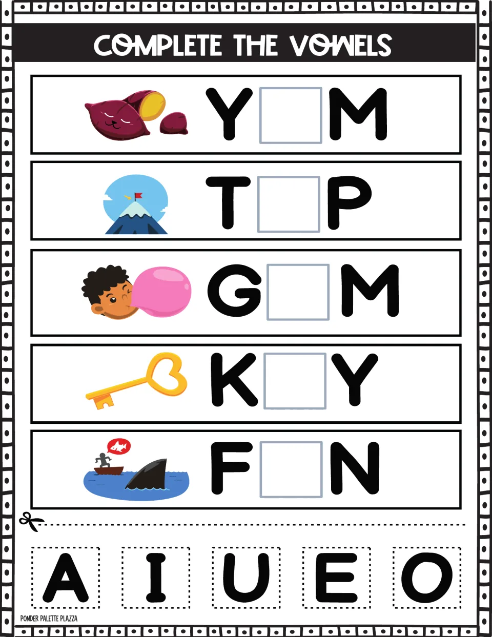 Vowel completion: students glue cut-out vowels into Y_M, T_P, G_M, K_Y and F_N next to a yam, mountain top, gum and key