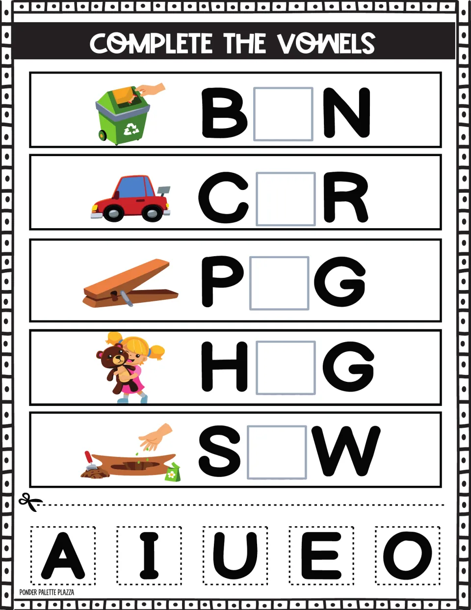 Picture vowels: students cut and glue vowels to finish B_N, C_R, P_G, H_G and S_W beside a bin, car, peg, hug and sowing
